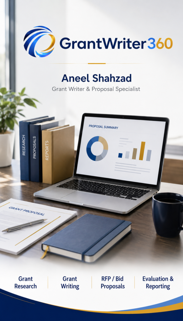 Illustrated laptop displaying proposal charts beside research, proposal and reporting books.