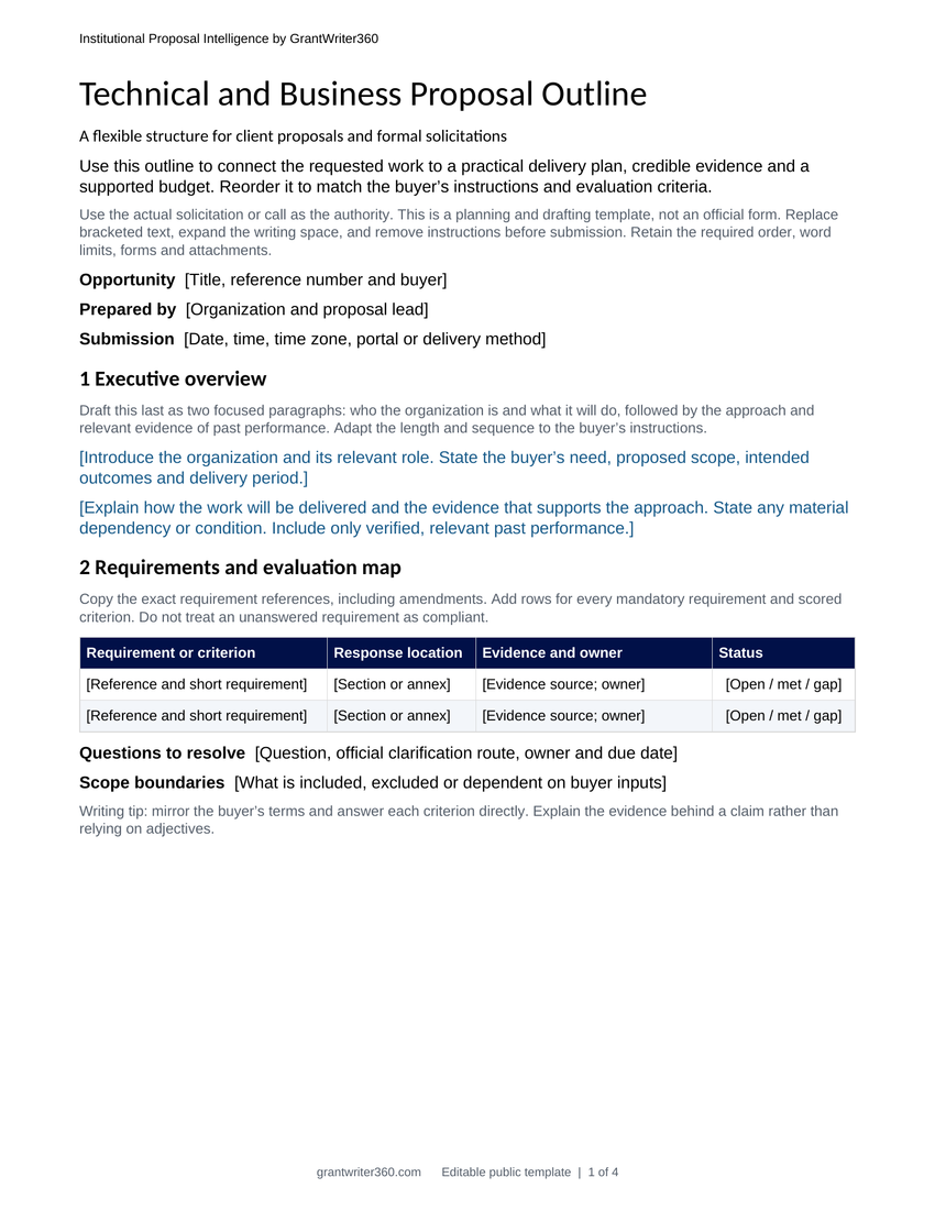 First page of the Technical and Business Proposal Outline, showing the executive overview and requirements and evaluation map